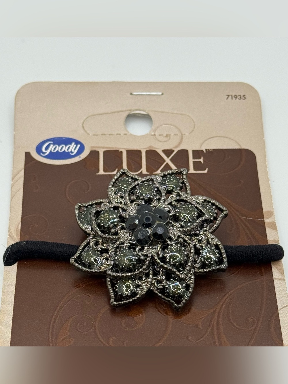 Goody Luxe Floral Ponytail Holder 2008 Black Beaded Hair Tie NWT Style 71935 vtg